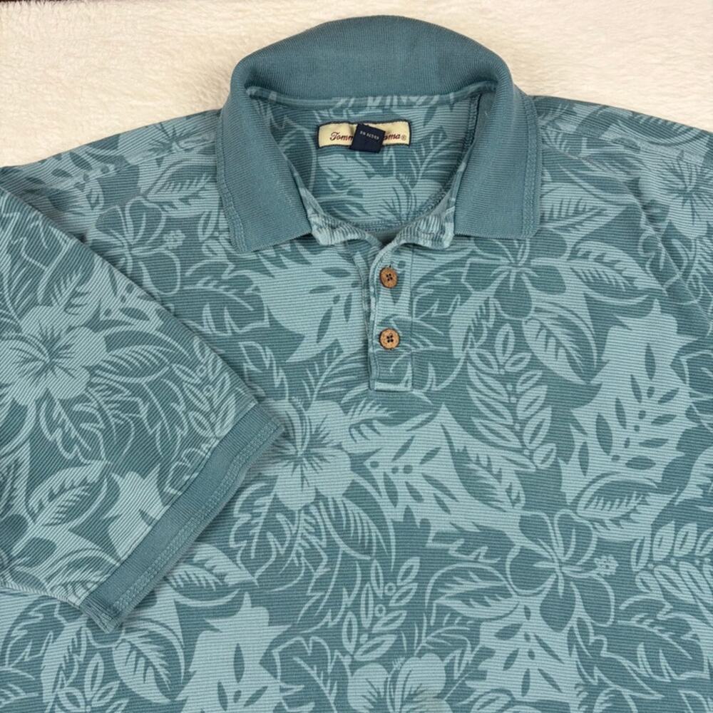 Tommy Bahama Mens L Silk Cotton Polo Shirt Blue Tropical Hawaiian Floral